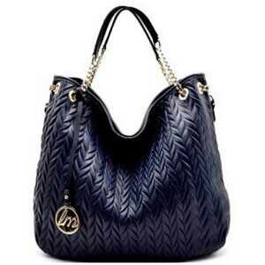 Le Miel NAVY BLUE Woven Pattern Gold Medallion Shoulder Handbag